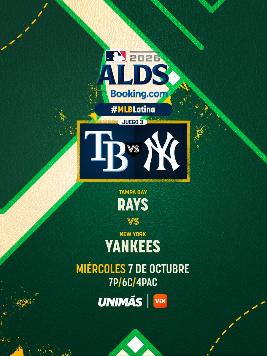 TUDNUSA's tweet photo. 👀 Toda la presión está en Nueva York…

Los Rays están a un triunfo de avanzar y los Yankees necesitan ganar para mantenerse con vida en estos Playoffs ⚾️🔥

RAYS 🆚 YANKEES | JUEGO 3

#MLBLatina por @UniMas y @VIX 🇺🇸📲 https://t.co/nRppWE5gUh https://t.co/LORGJzwk1V