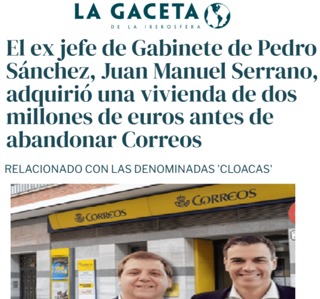 CCivicaCatalana's tweet photo. Sánchez enchufa a su amigo, Serrano, en Correos.

Serrano crea un cargo específico para Leire, controlando el voto por correo en 2023

Pasadas las elecciones, Serrano se va de Correos.

Deja la empresa al borde de la quiebra pero él con un chalet de 2 millones de euros.

Curioso. https://t.co/f2L6oVuMUh