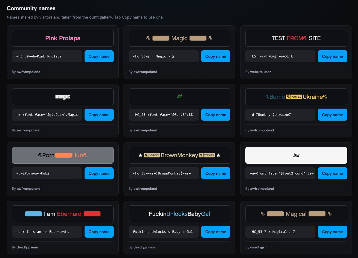 yAmethxst's tweet photo. GTA Online name editor, done right 🔥

Live preview with the game's own fonts, colours and symbols. Not look-alike Unicode, not screenshots.

It counts your 31 bytes, flags broken tags, and a Discord bot checks names too.

Of course, it's all free :)

https://t.co/t749TVTdoq https://t.co/f1LhxbUF7F