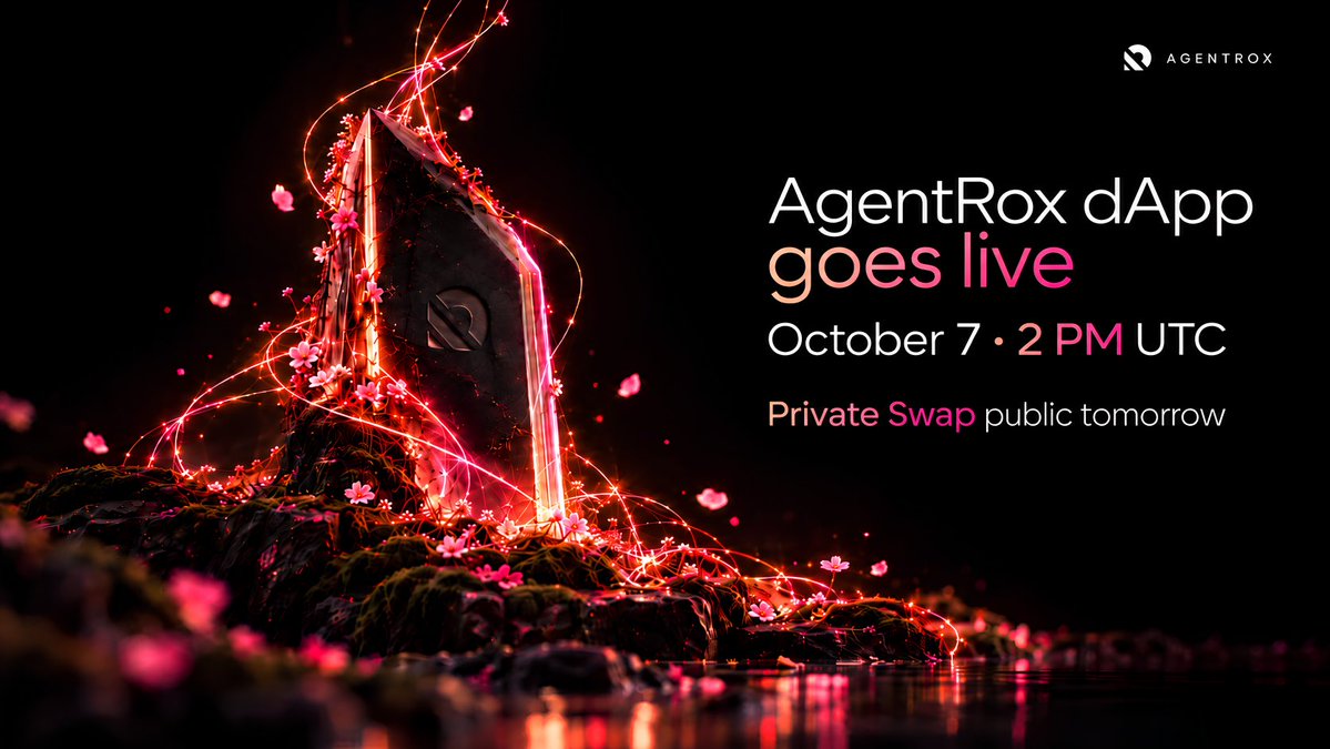 agentrox_'s tweet photo. AgentRox $AGNROX dApp goes live October 7 at 2 PM UTC.

Private Swap will be available to the public tomorrow.

We’ll also start sharing more Agentic Trading updates, including live demo videos, strategy walkthroughs, and tutorials showing how the agents work and how users can set them up.

A lot more coming!

Stay tuned.
