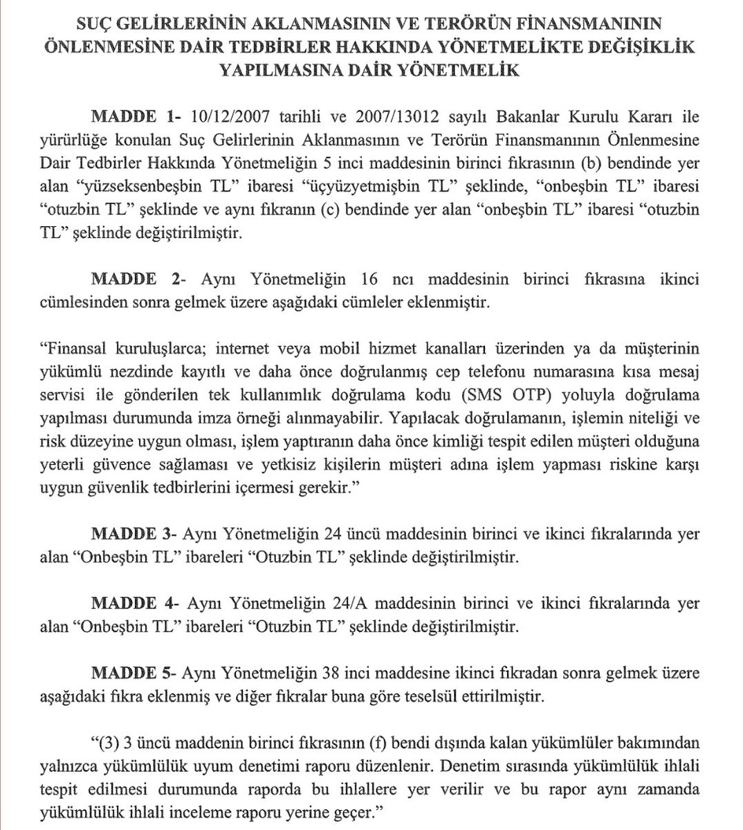 e507's tweet photo. MASAK: Tüm finansal kurumlar, kuyumcular, spor kulüpleri ve noterler için müşterinin kimlik bilgilerini alma ve teyit etme konularında sorumlu oldukları parasal alt sınır 185 bin TL'den 370 bin TL'ye çıkarıldı. https://t.co/zGr0WrATe5