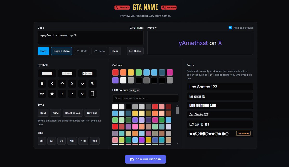 yAmethxst's tweet photo. GTA Online name editor, done right 🔥

Live preview with the game's own fonts, colours and symbols. Not look-alike Unicode, not screenshots.

It counts your 31 bytes, flags broken tags, and a Discord bot checks names too.

Of course, it's all free :)

https://t.co/t749TVTdoq https://t.co/f1LhxbUF7F