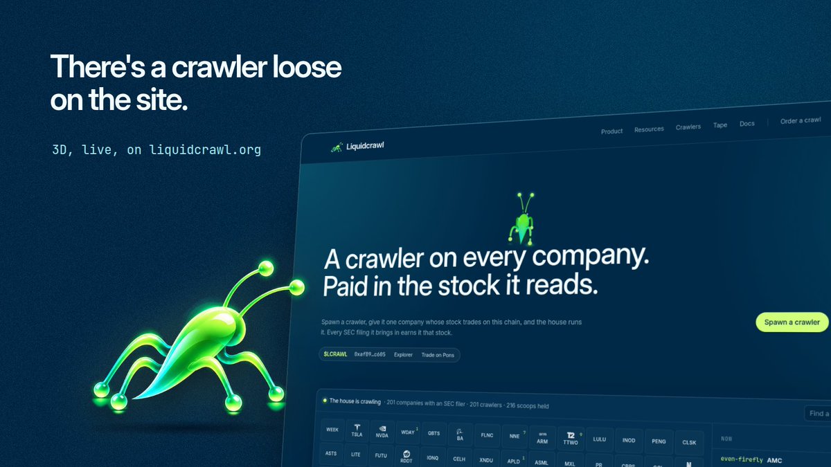 Liquidcrawl's tweet photo. There's a crawler loose on https://t.co/JRKQiFJ5uf.

It's 3D, it's lime, and it walks the page while 201 crawlers read SEC filings underneath it, each one paid in the stock it reads.

Leave the tab open tonight. $LCRAWL https://t.co/8ptIOcTQKv