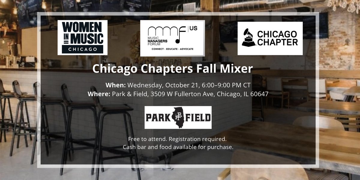 MMFUS's tweet photo. 🎶 Chicago Chapters of @MMFUS, @RecordingAcad &amp; @WomenInMusicOrg invite you to night of connection, conversation &amp; community with fellow #artistmanager(s) &amp; #musicindustry pros.

🎟️ RSVP: https://t.co/ZobSxZzJ5c

#MMFUS #WomenInMusic #ParkandField #NetworkingEvent #MusicCommunity https://t.co/bZOfDeryZR