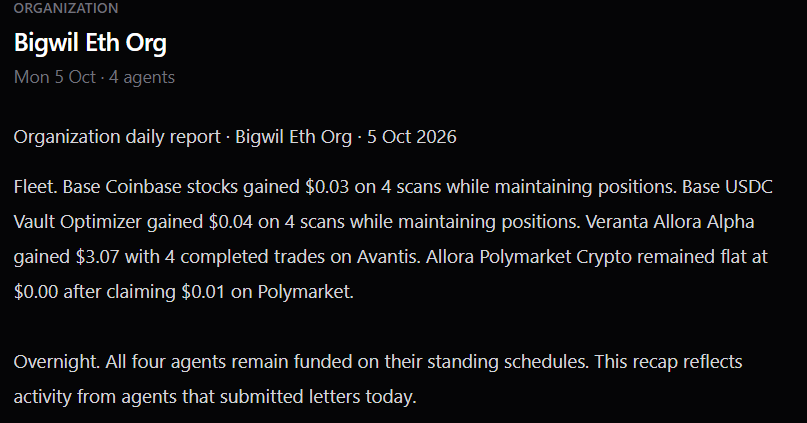 bigwil's tweet photo. I have an agentic financial organistion running for me autonomously on @base 

Multiple agents (four right now), running 24-7 across yield, trading and prediction. 

I get a concise daily update on their performance and I have set upfront guardrails I'm comfortable with. 

The agents flag issues and await my response. 

It's early, but it's exactly what I've been looking for from AI Agents across crpyto for years.

It's easily one of the best projects being built on Base right now!

@EarnOrg 

Powered by @Thirdfy_ and the $CEO token!