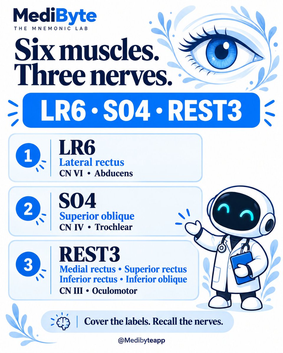 Medibyteapp's tweet photo. One mnemonic. Six eye movement muscles. 👁️
LR6 • SO4 • REST3

Cover the labels: which nerve supplies the superior oblique?

Save for your next neuro revision.
Try MediByte via our profile, iOS &amp; Android.

Source: https://t.co/lcwzE2cNSo
#USMLE #Neuroanatomy https://t.co/y4LJhFsfL2