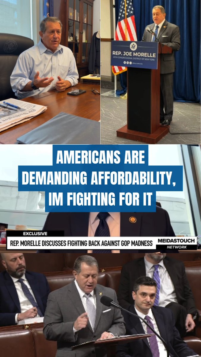 A political collage featuring Rep. Joe Morelle (D-NY) shown in multiple settings with text overlays reading 'AMERICANS ARE DEMANDING AFFORDABILITY, I'M FIGHTING FOR IT' and a 'MEIDASTOUCH NETWORK' chyron about fighting back against GOP.