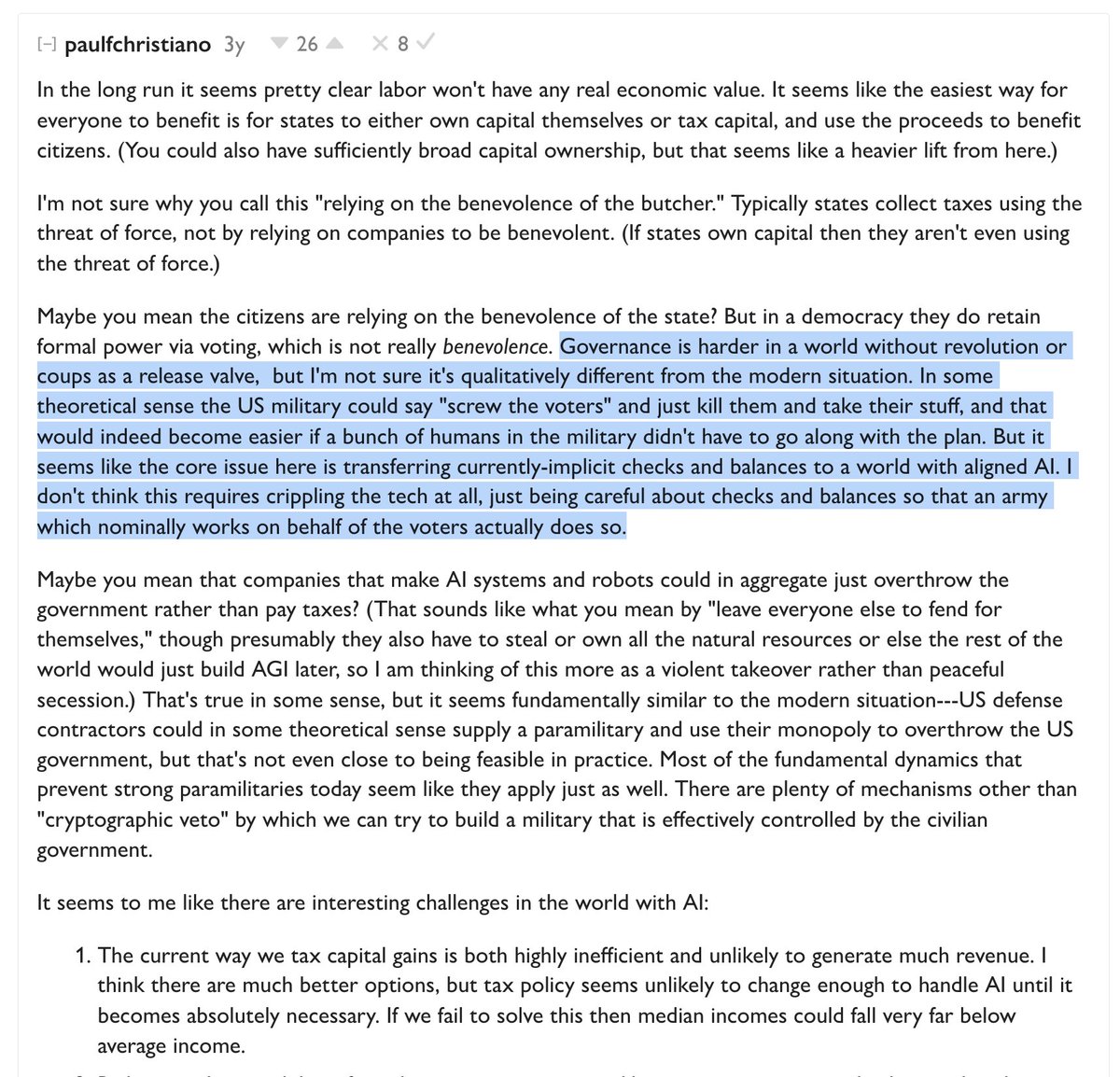 teortaxesTex's tweet photo. Nobody has a decent answer to this. Christiano's glibness in response to «The benevolence of the butcher» was insufferable. If humans need not apply, how do they maintain enough leverage to not be disposed of? https://t.co/LYcposw5AC