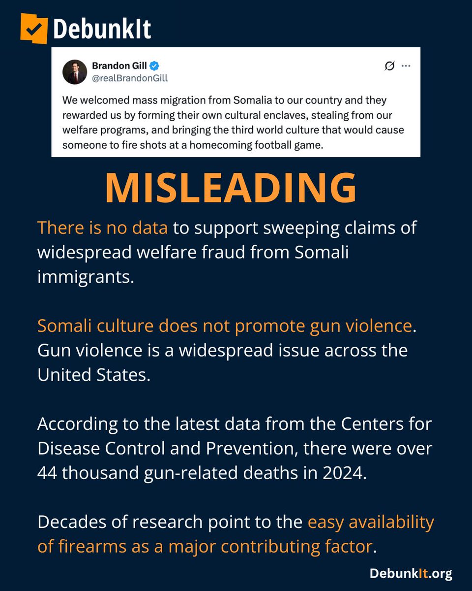 debunkit_org's tweet photo. MISLEADING

There is no data to support sweeping claims of widespread welfare fraud from Somali immigrants.

Somali culture does not promote gun violence.

Gun violence is a widespread issue across the United States. According to the latest data from the Centers for Disease Control and Prevention, there were over 44 thousand gun-related deaths in 2024. 

Decades of research point to the easy availability of firearms as a major contributing factor.

Read more: https://t.co/N5sxPRft5T