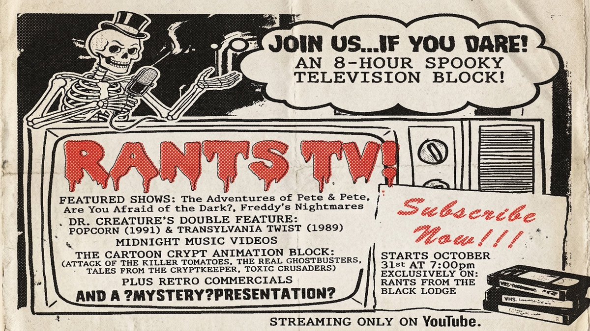 RantsBlackLodge's tweet photo. On Halloween exclusively on Youtube we are releasing RantsTV an 8-hour block of spooky tv, retro commercials, cartoons &amp; a Double Feature of horror movies hosted by Dr. Creature.

Subscribe to our Youtube channel @
https://t.co/LUJ6csJImV

#RantsTV #MutantFam #HorrorCommunity https://t.co/iXtRLwyWJh