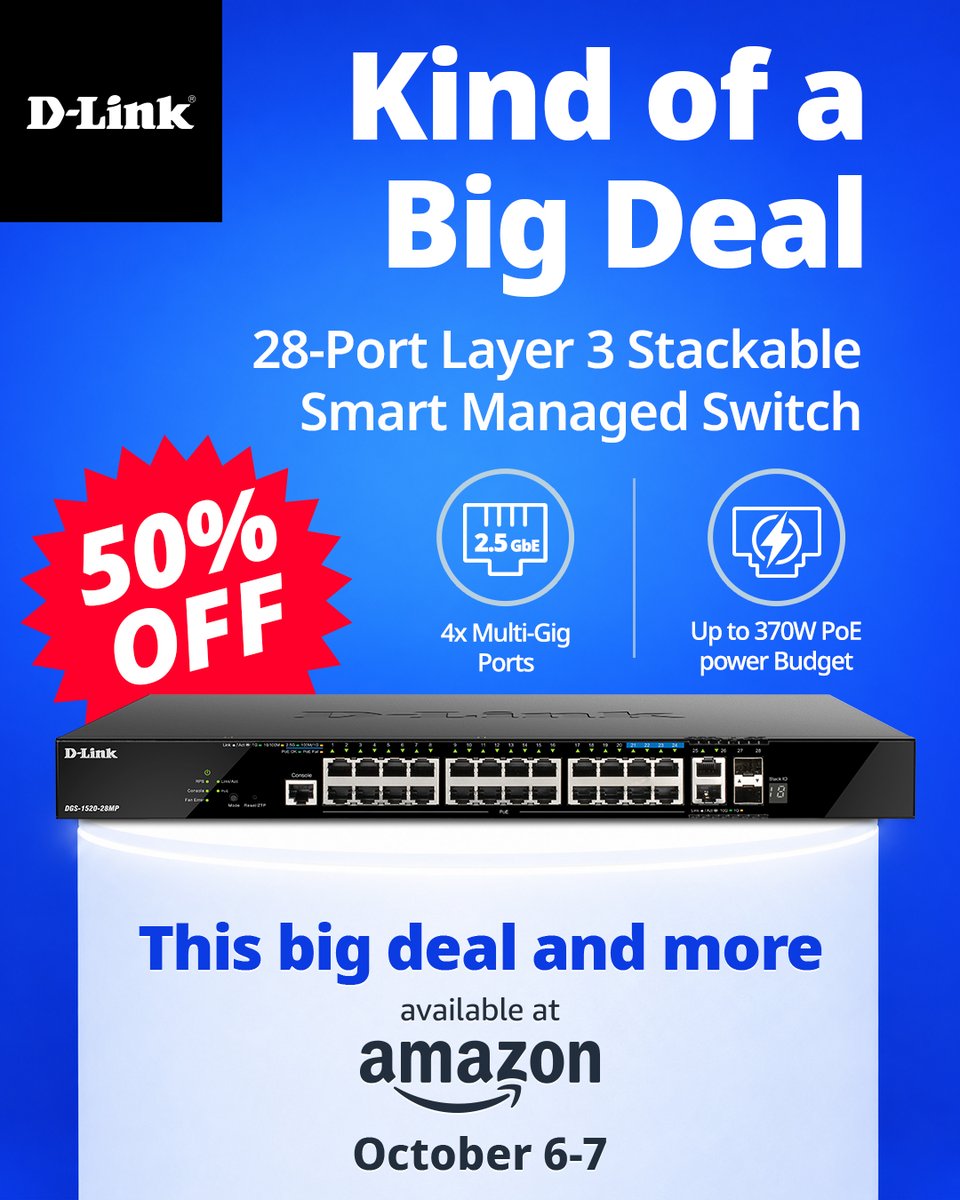Dlink's tweet photo. Shop &amp; Save up to 50% on select D-Link Business-Class Products on Amazon.  Prime Members save for 2-Big Days. https://t.co/q3bdMjJKSz #amazonbigdealdays #amazonprime #NetworkSwitch https://t.co/9oIdylzyXP
