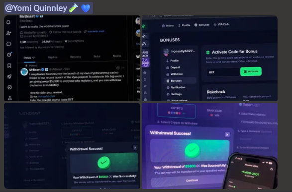 YomiQuinnley's tweet photo. 🚨PLEASE be careful folks! That "You just won, ..Mr. Beast" scam thingy is hitting people a lot.🚨

DURING STREAM I HAD 2 FRIENDS GET HACKED on separate occasions! 

So please don't click suspicious links and always verify stuff! 🙏 https://t.co/CiMwv9bntP