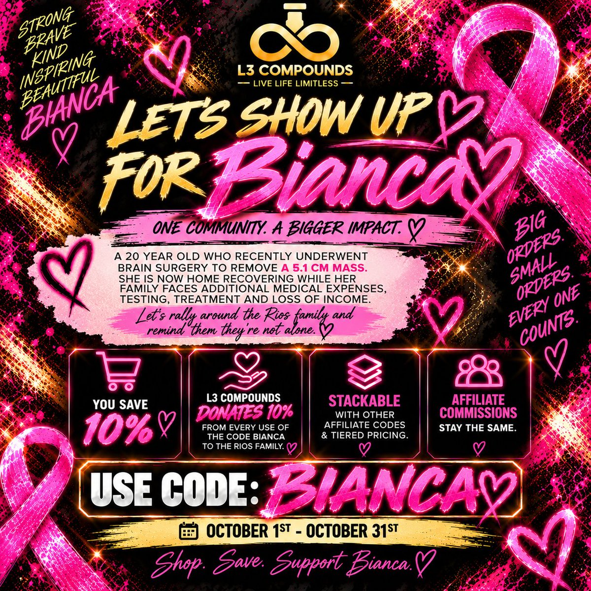 l3compounds's tweet photo. 💗 LET’S SHOW UP FOR BIANCA.
If you’re already ordering from L3 this month, use BIANCA to save 10% while L3 donates 10% from every use to the Rios family. Big or small every order counts. 🎀 https://t.co/gvNGeKnWt5