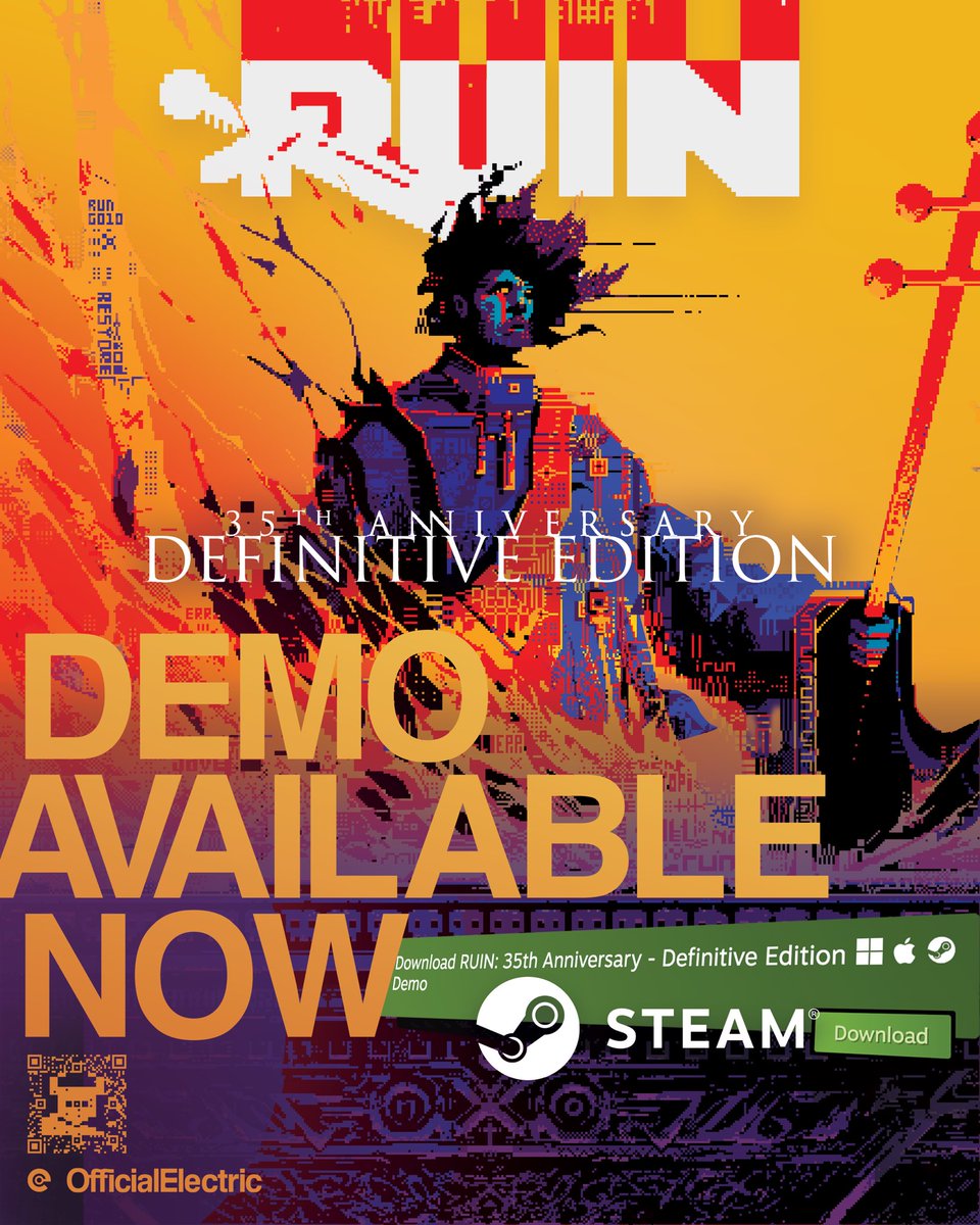 offElectric's tweet photo. STEAM DEMO: OUT NOW❗️
RUIN: 35th Anniversary: Definitive Edition
https://t.co/i1KuBvqghM 

Come play the new & updated version of the game you know and love. After 35 years it has returned for its Official Anniversary on Steam! 

We can't wait for you all to join us.

Don’t get lost on your adventure. 

Keep up with OE:

10.9 Ruin @ https://t.co/81dSNkIw1o (https://t.co/Uk2uoMvNOq) 

10.16 @indieexchange The Mix Online Showcase

10.19 - 10.26 Steam Next Fest