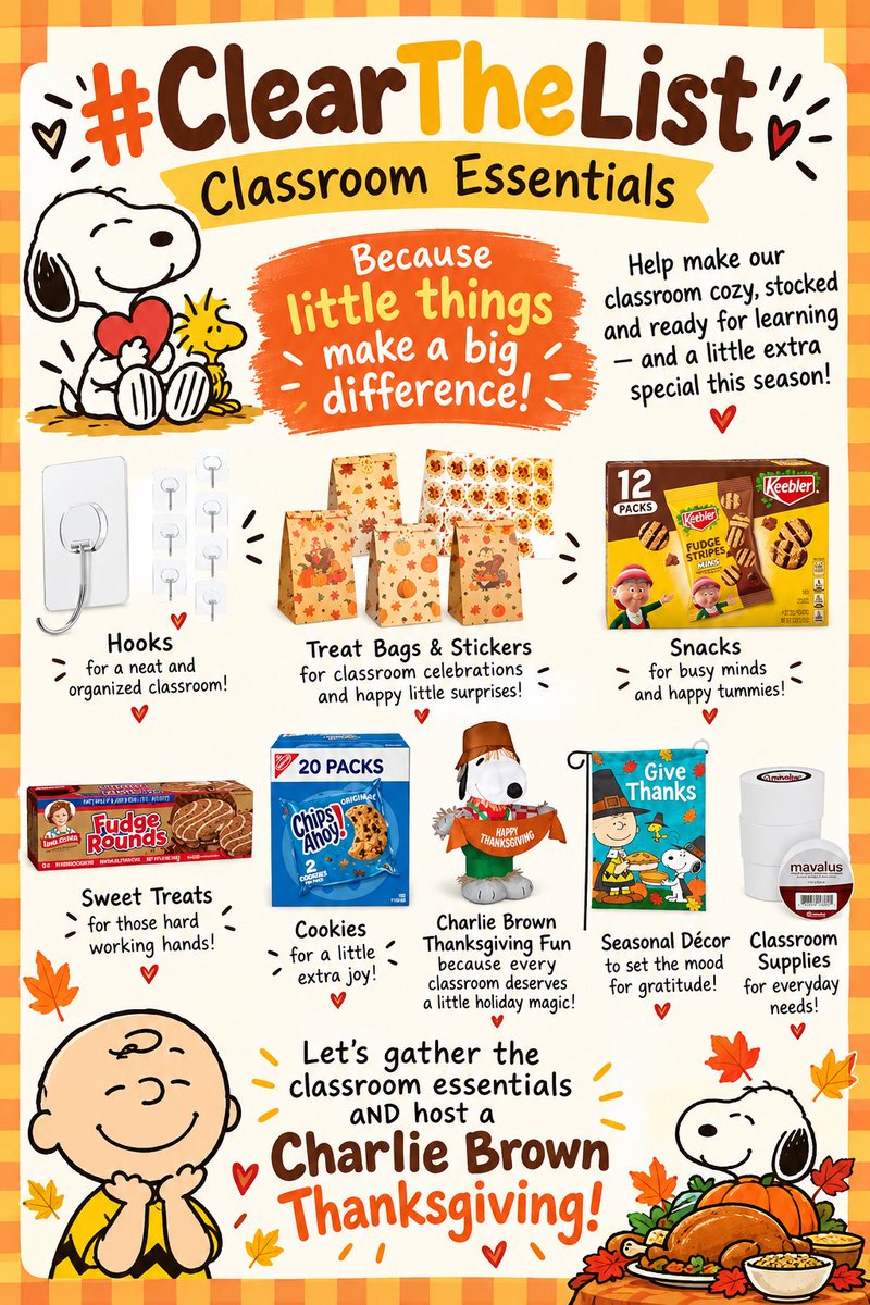 ValerieSalter5's tweet photo. Reaching out to my #TeachersofX community. We are in need of a lottle help in obtaining items to help with our #CharlieBrownThanksgiving. If you'd be willing to help, please check our #clearthelist wishlist below:
https://t.co/Q3xR0EDjPq https://t.co/Z3MwGPA62u