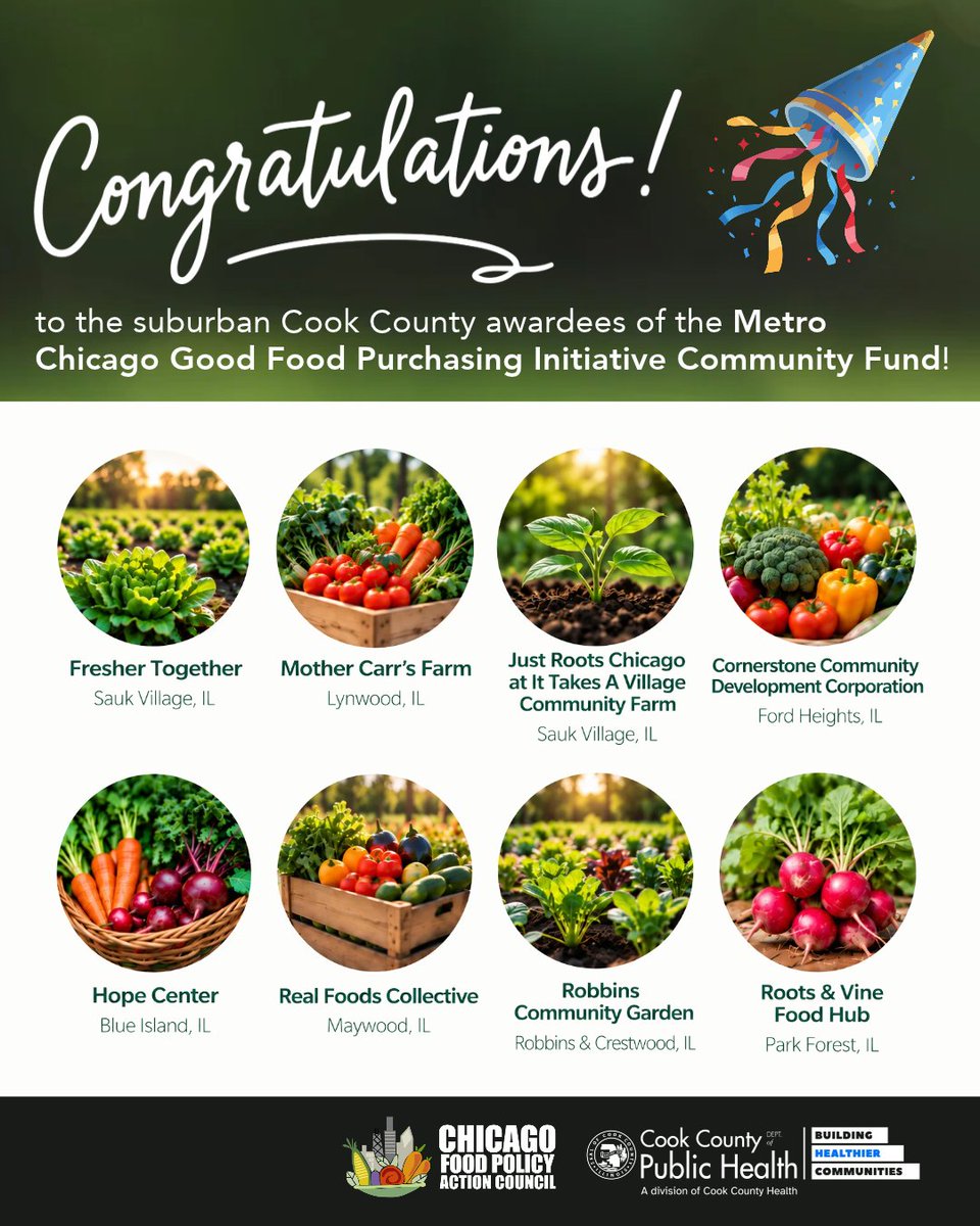 CookCoHealth's tweet photo. Congratulations to the 2026 Metro Chicago Good Food Purchasing Initiative Community Fund awardees! Nearly $500,000 in grants will support 15 local farms and food businesses across the region, with eight awardees based in suburban Cook County. 

Learn more: https://t.co/CG6xNidlbS https://t.co/qDjCKqlTmS
