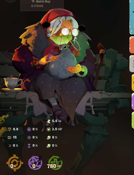 A 3D video game screenshot of a witch-like character holding a black bird, wearing a red hat, glasses, and a purple dress, sitting on a bench with game UI elements visible.