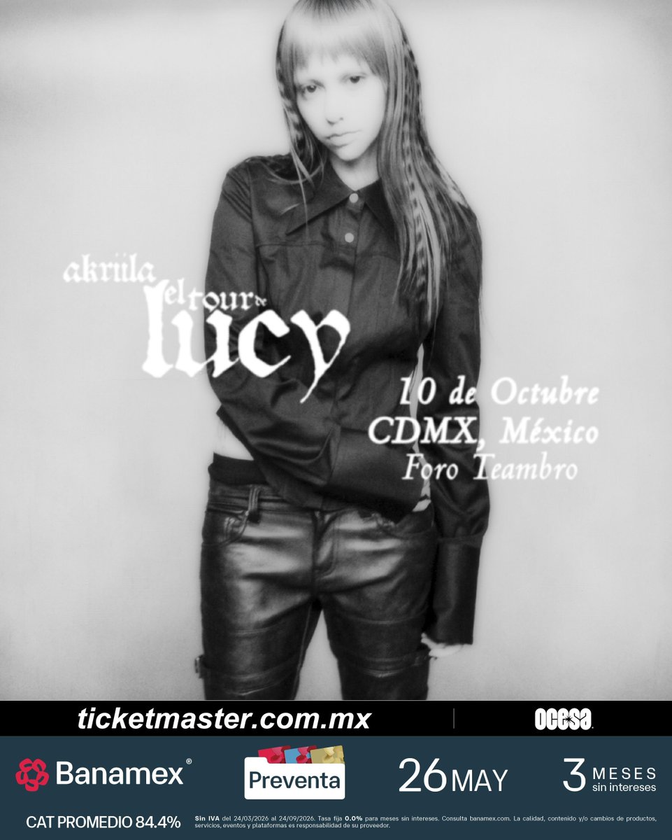 TimeOutMexico's tweet photo. #TriviaTOM
❤️🔁 

¡Tenemos pases dobles para el show de la rapera y cantante chilena Akriila! Se presentará este SÁBADO 10 de octubre en el Foro Teambro, con material de su próximo álbum 'lucy miró al mundo y notó que está girando':

1. Síguenos en Instagram @timeoutmexico. Dale like y comparte nuestra agenda de conciertos de la semana. 2. ¿Cuál es el título de su álbum debut que incluyó sonidos de noise-perreo, grunge y drum’n’bass?
3. Envía una captura de pantalla del paso 1, junto con tus respuesta, a rodrigo.sanchez@timeoutmexico.mx