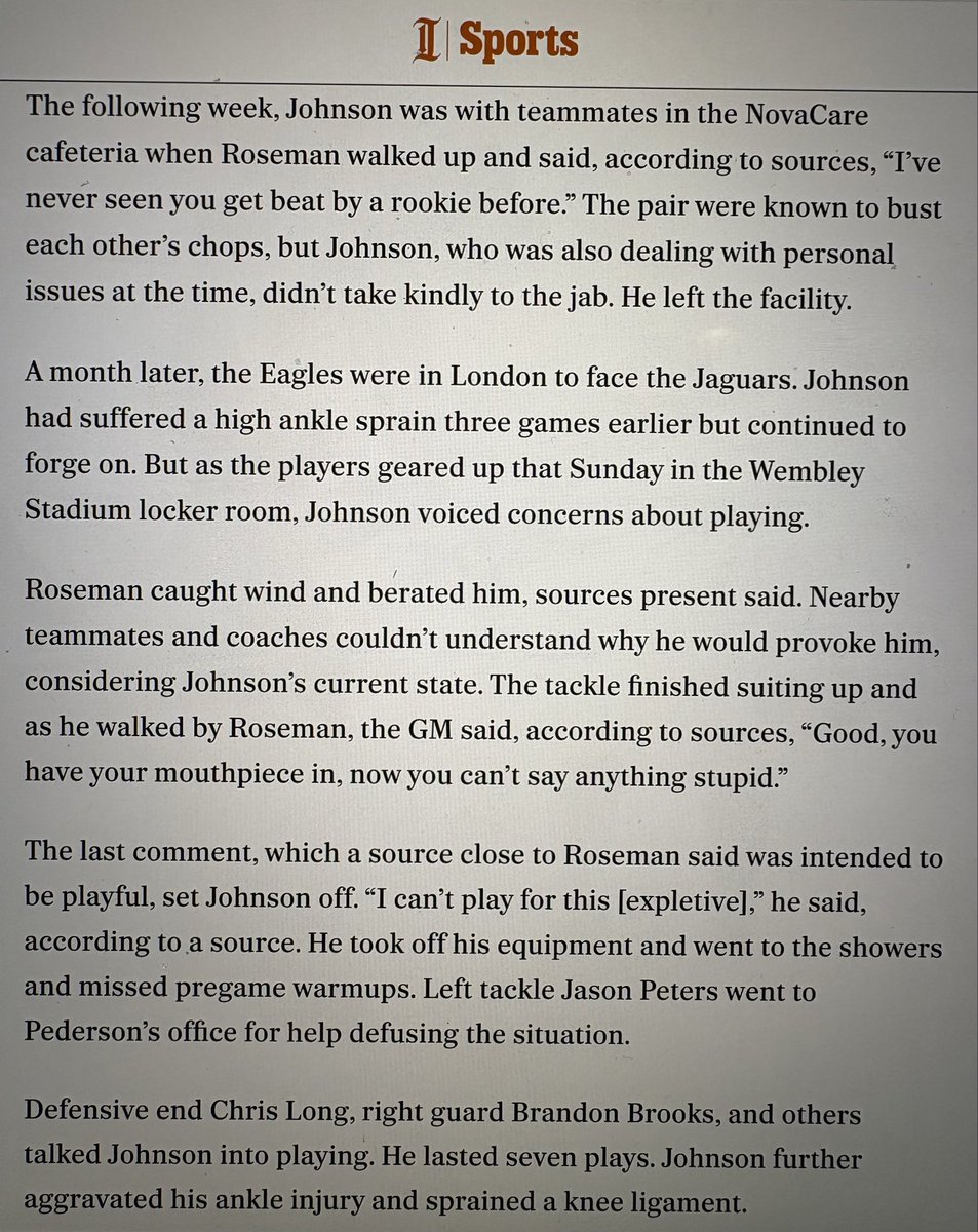 Jeff_McLane's tweet photo. Ironic that Lane Johnson’s retirement would come days before the #Eagles were to return to London to play a game for the first time since 2018.

Here’s what happened before and after that game, as I reported in a 2021 story on Howie Roseman:
https://t.co/VJckxGpp0x https://t.co/f7xFwYLdm5