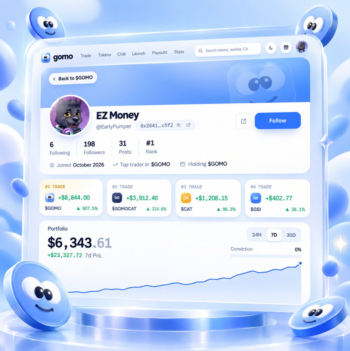 gomo_family's tweet photo. Profile pages just got a fresh upgrade 💙

Same idea, better trader profiles, smoother performance and an easier way to see who’s actually printing on solana:9XKzy4KahcZaGJPJtz1PtqGPB3CiseoBrx7TcQhEpump https://t.co/HDh0jgWfSK