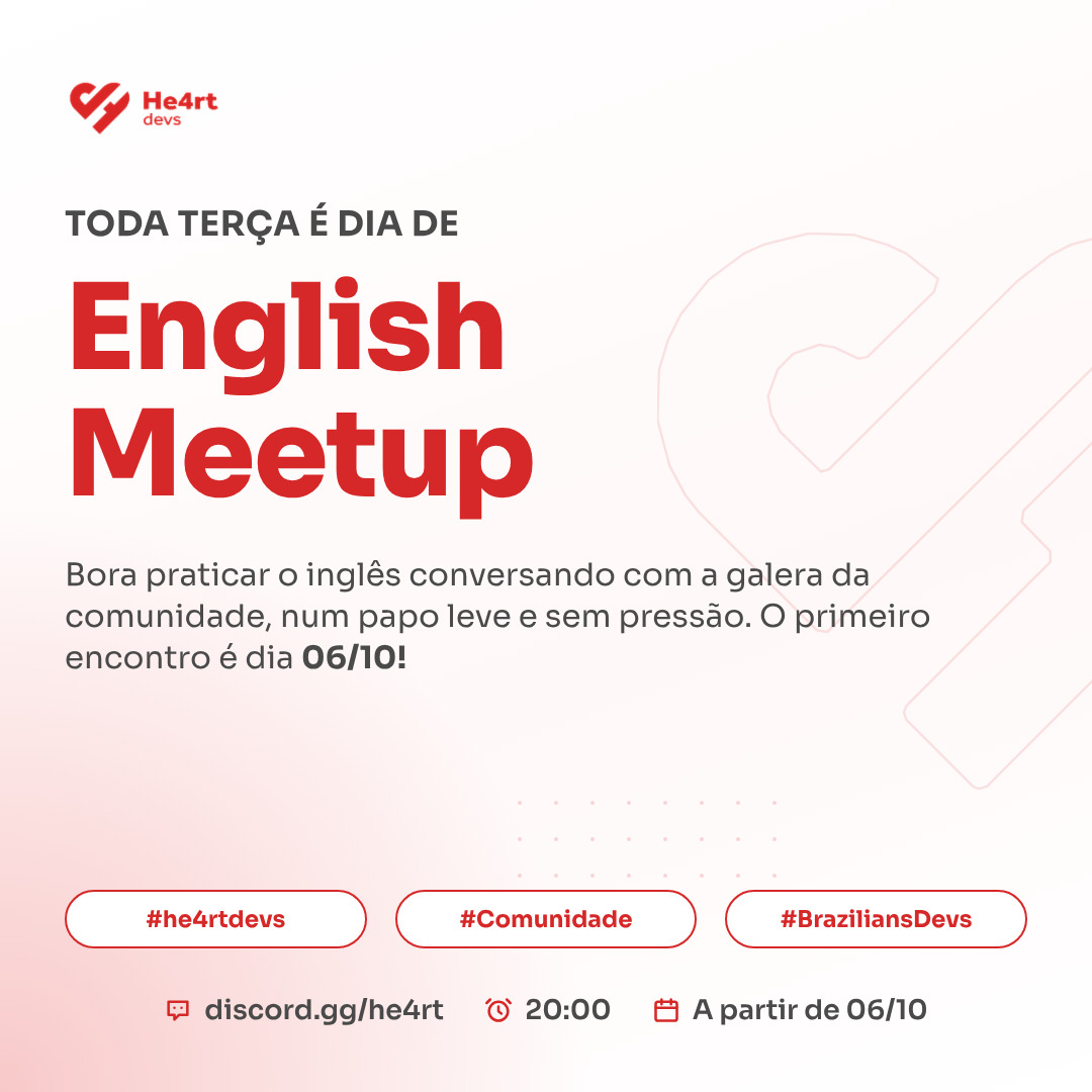 He4rtDevs's tweet photo. Hoje, às 20h, estreia o English Meetup da He4rt no Discord. 🇬🇧

Um espaço para praticar inglês conversando com a comunidade, do seu jeito e no seu nível

Toda terça, às 20h 💜
https://t.co/ozTMhCaBt5 https://t.co/NE142Nmh7l
