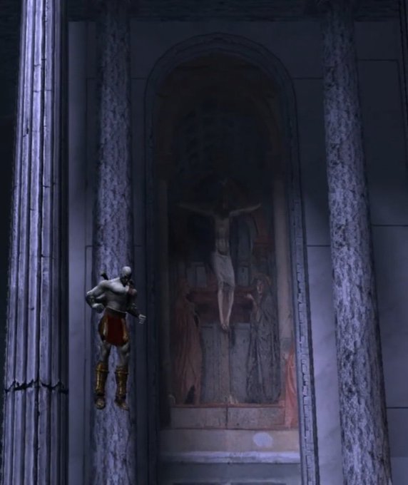 trad_west_'s tweet photo. In God of War 1, there is an image of the Crucified Jesus Christ located between columns in the Athens square.

The director David Jaffe, creator of the series, recently confirmed that he was unaware of this image: a Christian artist from the team included it secretly. https://t.co/Kpn52BxyRB