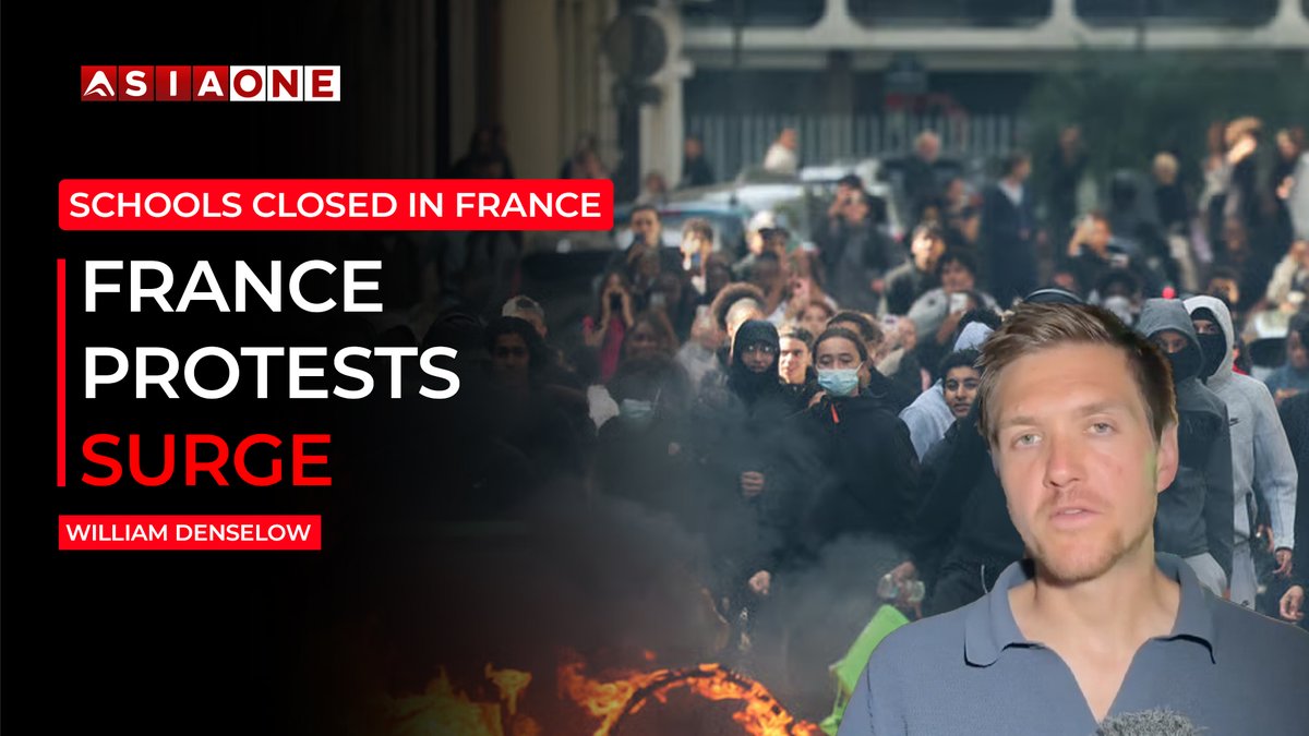 A news thumbnail for Asia One by William Denselow shows a presenter overlaid on a protest scene with a fire in the foreground, titled 'FRANCE PROTESTS SURGE' and 'SCHOOLS CLOSED IN FRANCE'.