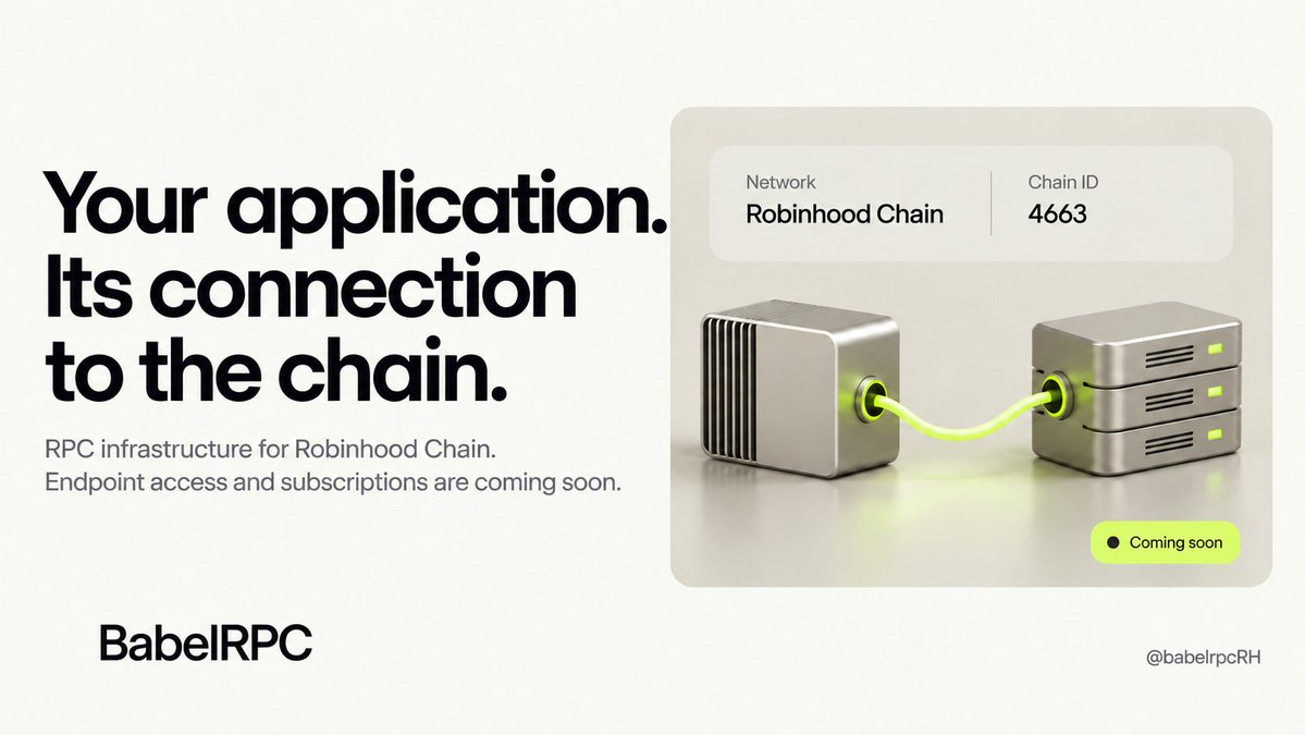 babelrpcRH's tweet photo. We're building BabelRPC for @RobinhoodCrypto

RPC infrastructure for builders, with a revenue-sharing model for node owners.

Endpoint access and subscriptions are coming soon.

Explore: https://t.co/sPe4oK26mP https://t.co/koamrGUSi5