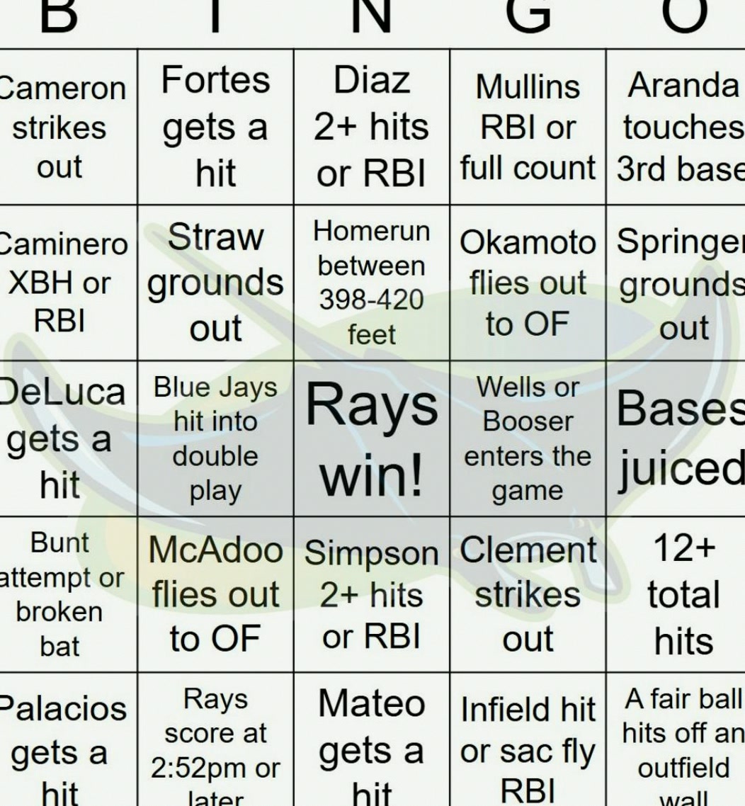 hernandezc4e's tweet photo. Rays vs Blue Jays Bingo, 8/20/2026
#BirdWatching #zScore https://t.co/oQOthRPqof