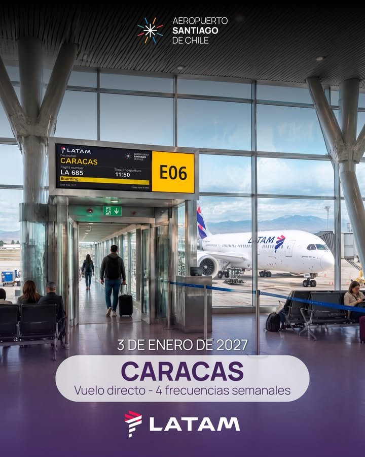 AeropuertoStgo's tweet photo. ¡Vuelve la ruta Santiago–Caracas! 🇨🇱✈️🇻🇪️
Desde el 3 de enero de 2027, podrás volar sin escalas y cuatro veces por semana, a través de @latamairlines desde el Aeropuerto Santiago de Chile hasta Caracas 🌎🧳 https://t.co/WMed3sowu5