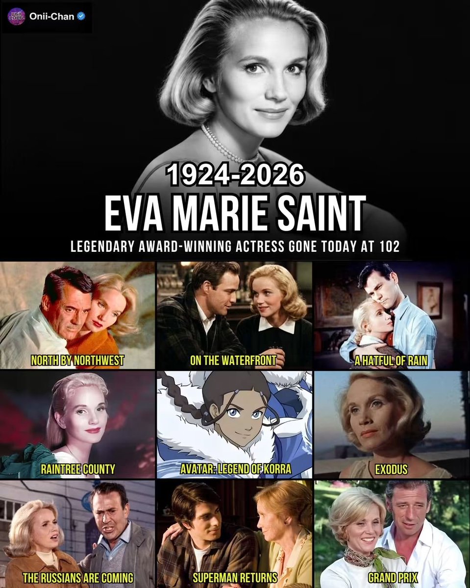 oniichanph's tweet photo. We just lost another legend today at 102 years old 😔

Legendary actress Eva Marie Saint has passed away at 102, closing an extraordinary career that stretched across more than seven decades of film, television and theater.

Saint made one of the most remarkable movie debuts in Hollywood history as Edie Doyle in On the Waterfront opposite Marlon Brando, a performance that immediately earned her the Academy Award for Best Supporting Actress.

Just five years later, Alfred Hitchcock transformed her screen image when he cast her as the mysterious Eve Kendall in North by Northwest alongside Cary Grant, creating another role that became part of classic cinema history.

Her memorable work also included:
- On the Waterfront
- North by Northwest
- Superman Returns — Martha Kent
- The Legend of Korra — Katara
- A Hatful of Rain
- Raintree County
- Exodus
- The Russians Are Coming, the Russians Are Coming
- Grand Prix
- Nothing in Common

Even at 102, Saint remained a remarkable connection to a generation of filmmaking that had almost completely disappeared. She worked alongside names like Marlon Brando, Cary Grant, Paul Newman and Elizabeth Taylor, yet built an identity entirely her own.

Eva Marie Saint didn’t simply witness Hollywood history. She became part of it.

Rest in peace to a true screen legend 🤍