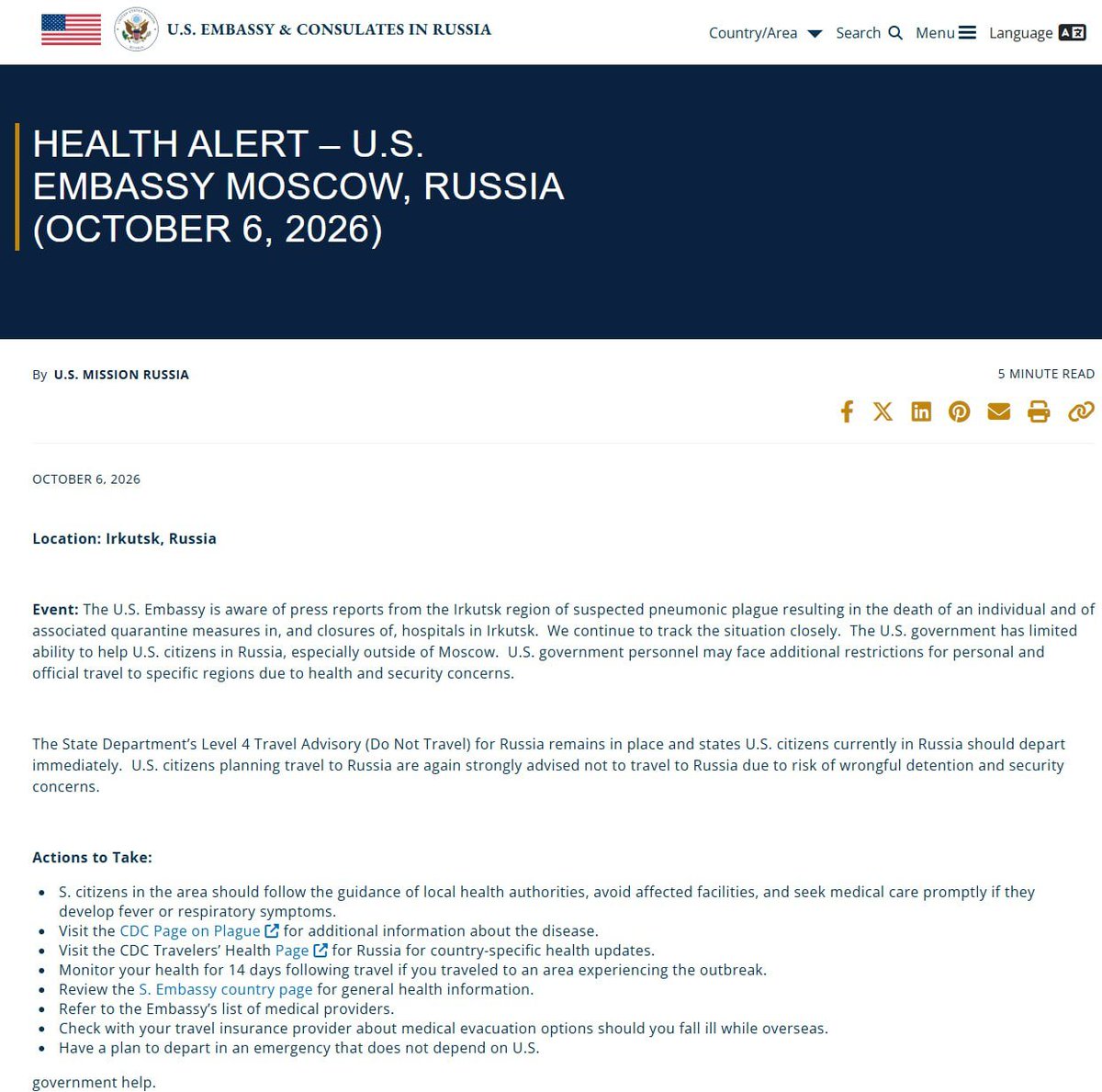 wartranslated's tweet photo. The US Embassy in Moscow has issued an advisory following reports of a potential pneumonic plague outbreak in Irkutsk. Americans were urged to monitor their health if they have visited the region. https://t.co/DDPT25V4Qq