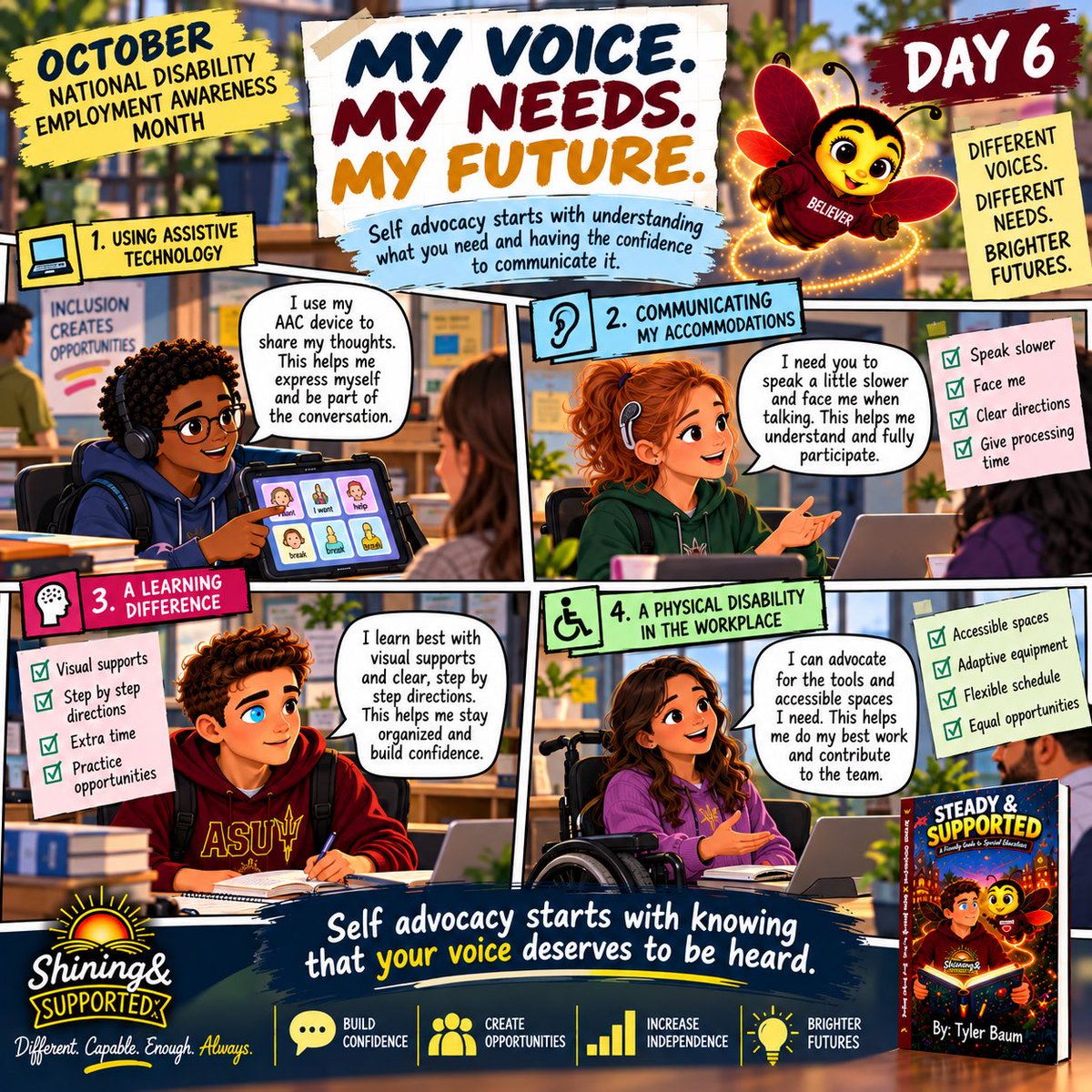 ShiningSupports's tweet photo. Day 6: My Voice. My Needs. My Future.

Self advocacy means understanding what helps you succeed and having the confidence to communicate it.

Every voice deserves to be heard. Every need deserves to be understood. 

#NDEAM #ShiningAndSupported #SelfAdvocacy #DisabilityInclusion https://t.co/gRIQ2WUUEn