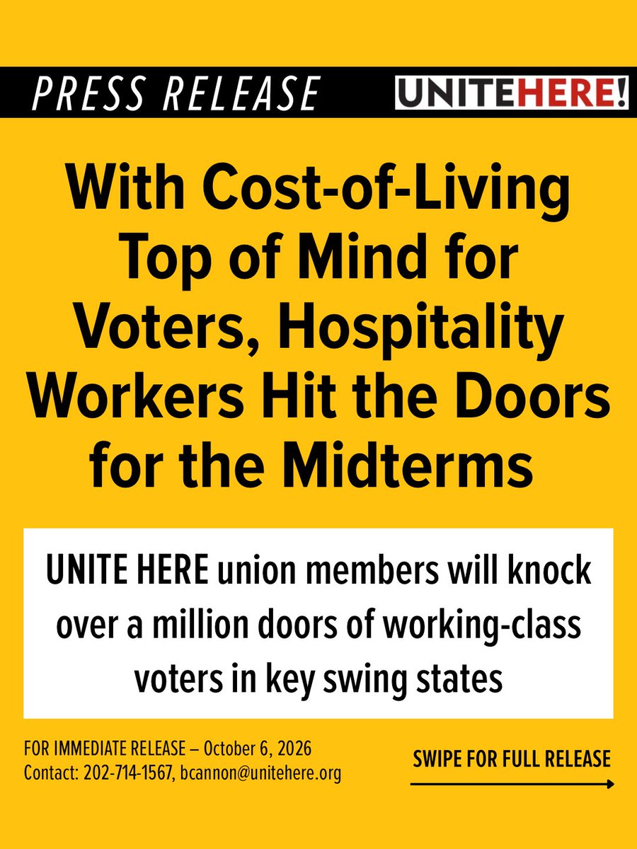 unitehere's tweet photo. 🚨 FOR IMMEDIATE RELEASE: 
With Cost-of-Living Top of Mind for Voters, Hospitality Workers Hit the Doors for the Midterms
—
UNITE HERE union members will knock over a million doors of working-class voters in key swing states 

🧵 Check thread for the full release! https://t.co/8GKL64RHWg