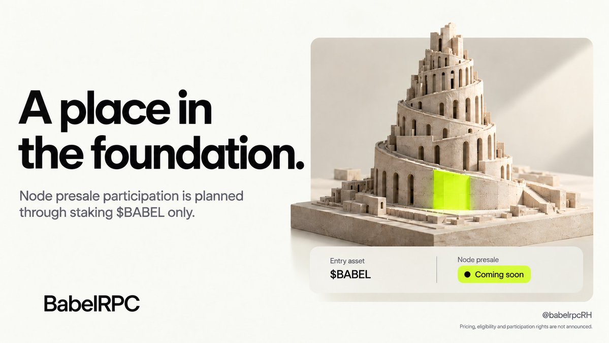 babelrpcRH's tweet photo. BabelRPC's planned node presale has one entry asset: BABEL token, through staking.

Node presale is coming soon. Pricing, eligibility and participation rights will be announced before it opens. https://t.co/0wLUl7NPZs