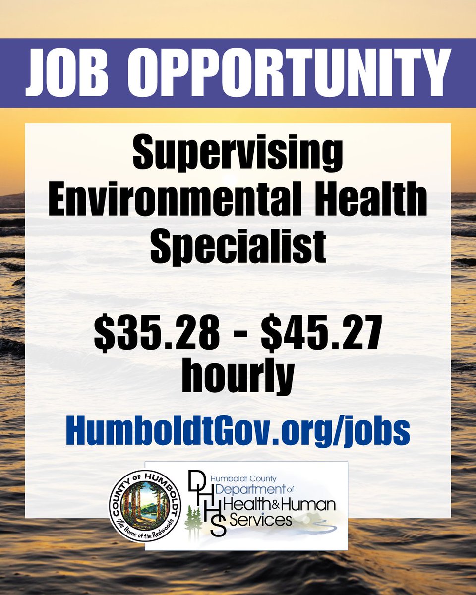 HumCoDHHS's tweet photo. DHHS is hiring a Supervising Environmental Health Specialist. Applications will be accepted for this position until Monday, Oct. 19, at 11:59 p.m. Visit https://t.co/hasZy6Fz7w to learn more and apply. https://t.co/2MDa4TuMqP