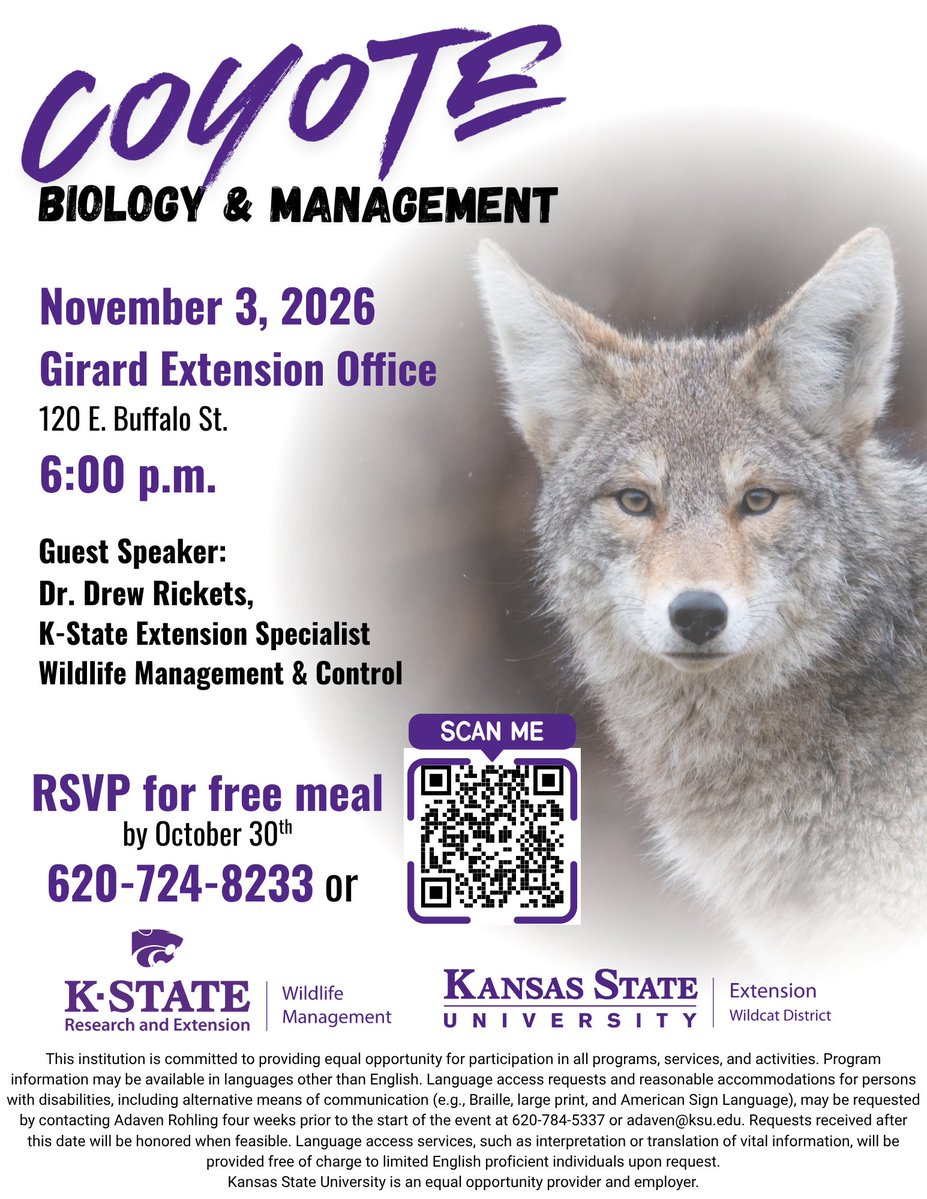 WldcatAg's tweet photo. Free dinner and an opportunity to learn about coyotes Nov. 3rd at 6:00pm in Girard! 

Register here: https://t.co/ncPqkBDZYl https://t.co/DnBl2W93j7