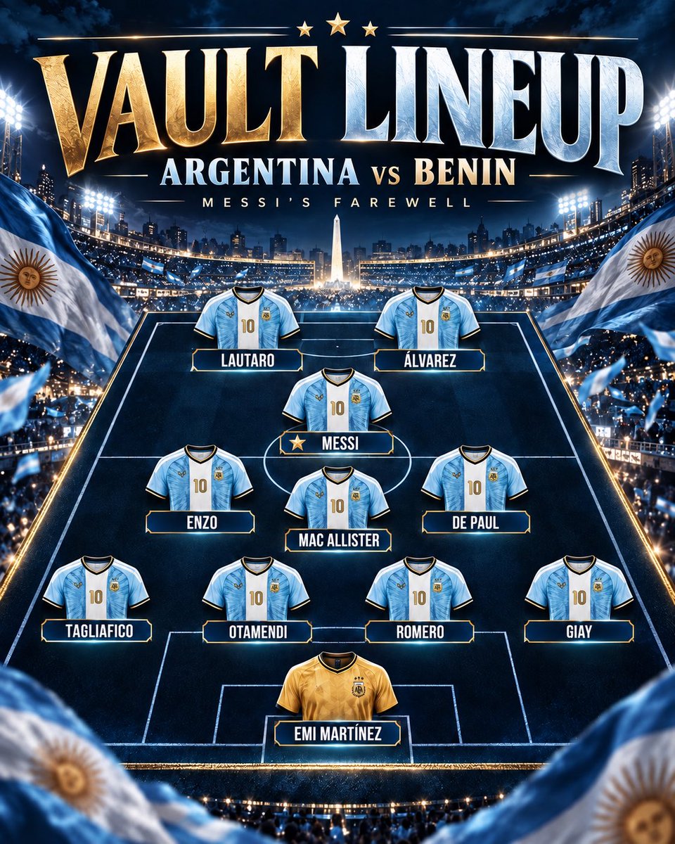 Josepintor80451's tweet photo. 🇦🇷 ONE LAST START FOR LEO. 🥹💙🤍

Lionel Messi leads Argentina’s starting XI against Benin for his farewell match at the Monumental. Lautaro Martínez and Julián Álvarez join him in attack for a night that means so much more than the result. ✨

Twenty-one years in the shirt. Two Copa Américas. A World Cup. A Finalissima. And one last chance to watch Argentina’s No. 10 take the field. 🏆🐐

Gracias, Leo. 🇦🇷❤️

Source: @gastonedul via @TyCSports.