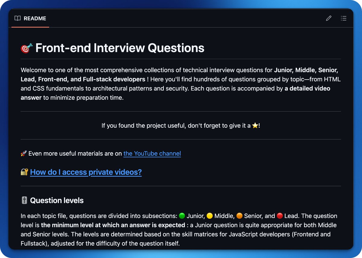 GithubProjects's tweet photo. A collection of hundreds of front-end interview questions, tagged by Junior through Lead, each paired with a video answer to make prep faster. https://t.co/BDpwRdvekR