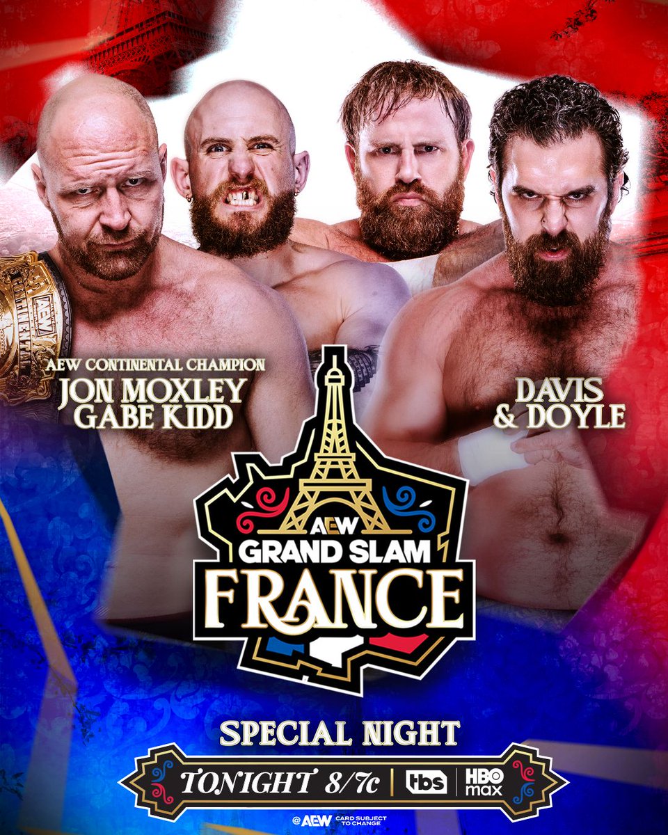 AEW's tweet photo. #AEWGrandSlam France 8/7c, TONIGHT!
@JonMoxley/@GabeKidd0115 vs @DUNKZILLADavis/@JakeSomething_
After Saturday’s excellent Mox vs Doyle main event, Davis &amp; Doyle want to fight the Death Riders in Paris! Mox/Kidd vs Davis/Doyle on TUESDAY Night #AEWDynamite Grand Slam TONIGHT! https://t.co/yrwouJlFKx