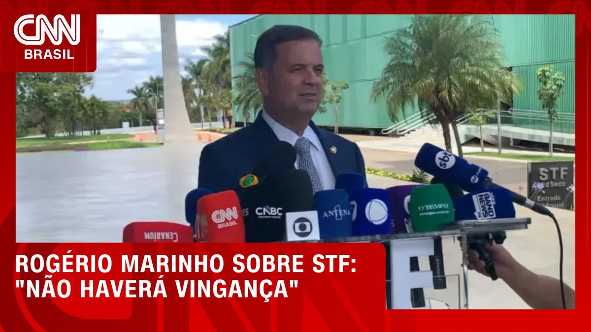 The image is a CNN Brasil news clip showing a man in a dark suit and tie being interviewed by multiple press outlets, including Globo, SBT, and Record, outside a green building marked "STF" (likely the Brazilian Federal Supreme Court). The on-screen text reads "ROGÉRIO MARINHO SOBRE STF: 'NÃO HAVERÁ VINGANÇA'" (Rogério Marinho on STF: "There will be no revenge"), aligning with the accompanying post about his statement regarding the Supreme Court.
