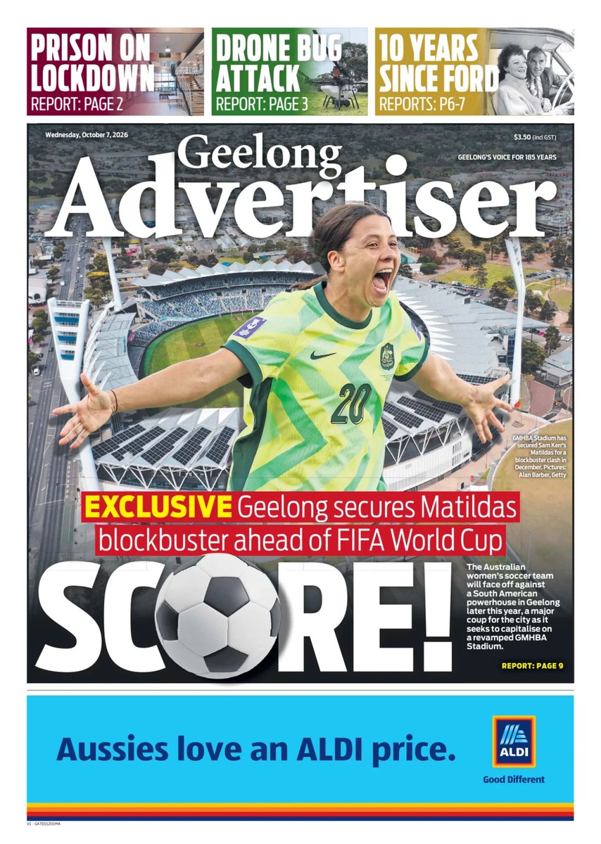 ukpapers's tweet photo. ▫ Score!

▫Australia’s most loved sporting team is heading to Geelong, with the Matildas to face a South American powerhouse in a crucial FIFA Women’s World Cup warm-up this December.
▫https://t.co/ta86sXd88e

@geelongaddy #frontpagestoday #Australia 🇦🇺 https://t.co/43h5CyGSi5