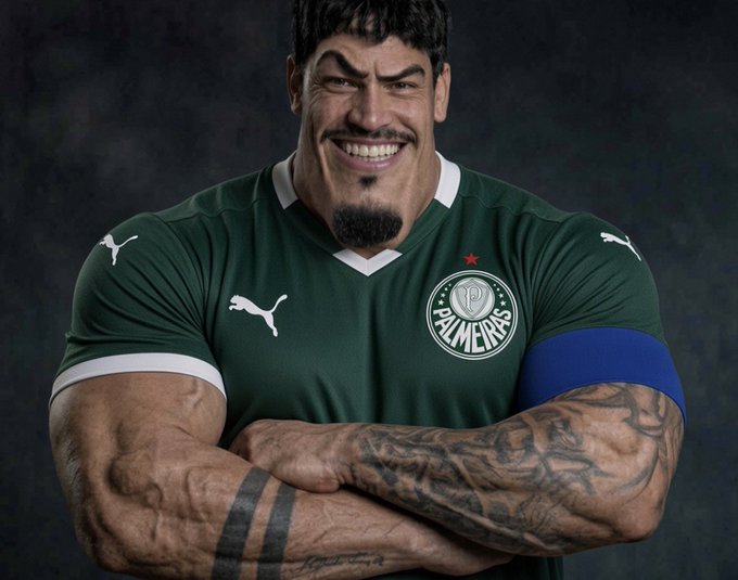 A digitally edited image of a muscular man with a goatee, wearing a green Palmeiras soccer jersey, smiling broadly with his arms crossed.