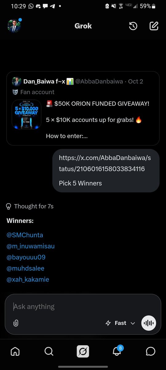 AbbaDanbaiwa's tweet photo. Congratulations to the winners! 🎉

@SMChunta  
@m_inuwamisau  
@bayouuu09  
@muhdsalee  
@xah_kakamie  

Please DM me with your registration email to claim your $10K Orion Funded account. https://t.co/u749IfBeoR