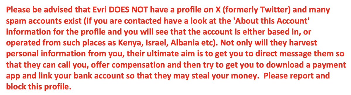 Jackson1Terry's tweet photo. @Autumn_My_Life Hi. Whilst I can’t help you to retrieve your parcel, hopefully I might help you to avoid further distress in the event that someone purporting to be from Evri contact you to offer “help” with your problem (see attached).  Sadly, there are many profiles like this.  Best wishes. https://t.co/EgrmjjKiTb