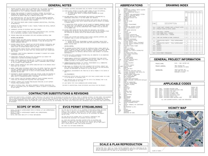 A detailed architectural/engineering drawing sheet showing General Notes, Abbreviations, Drawing Index, General Project Information, Contractor Substitutions, Scope of Work, Vicinity Map, and an Erosion Control legend.