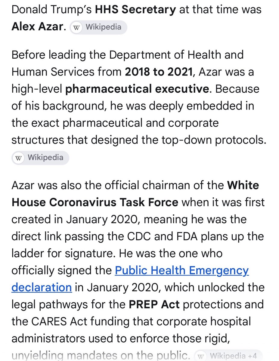 DeborahtheG's tweet photo. @BakkenShale @MaryBowdenMD Trump Term 1. Alex Azar HHS, big pharma ties -everything was done  top-down. They forced the deadly protocol created fear. Did T know? Prob not. They just needed a ⬆️ body count to sell. “PREP and Childhood vax needs 2B repealed” RFK - but globalists in charge driving sales. https://t.co/K5Lsx1r0ji