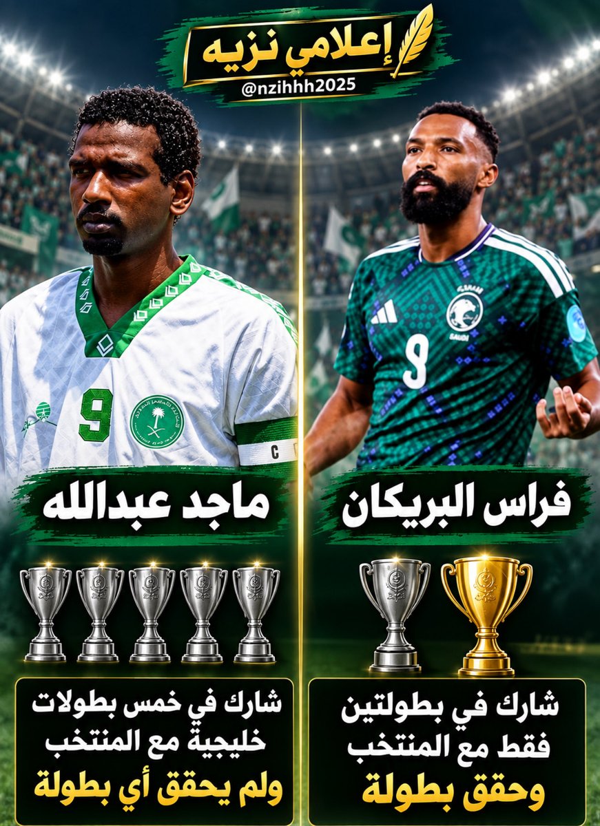 nzihhh2025's tweet photo. ▪️معلومة صادمة 

- شارك نجم #النصر ماجد عبدالله في خمس بطولات خليجية ولم يستطيع تحقيق أي بطولة ،،،،،،، 

- شارك نجم #الاهلي فراس البريكان في بطولتين وحقق بطوله ولقب الهداف 

▪️على فكرة ماجد سجل 17 هدف خلال خمس مشاركات  لكن جميعها لم يستفيد منها المنتخب بينما فراس شارك مرتين سجل خلالها خمس أهداف وحققنا بطولة ،،
#السعوديه_الإمارات