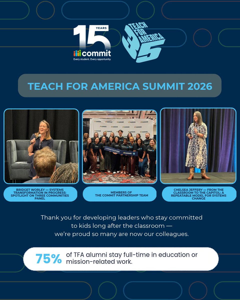 Commit2Dallas's tweet photo. This past weekend, we celebrated 35 years of Teach For America at the TFA 35th Anniversary Summit. With 35 years of putting students first,  75% of TFA alumni stay in education or mission-driven work long after their two years teaching — including no shortage of them here at @Commit2Dallas.