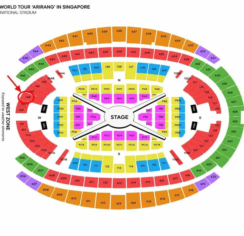 Ticketsradar1's tweet photo. 💜 WTS | BTS WORLD TOUR ‘ARIRANG’ — SINGAPORE 💜
✨ 20 DECEMBER 2026 | 3 CONSECUTIVE SEATS ✨

🚨 ARMY, THIS COULD BE YOUR CHANCE! 🚨

Looking for a chance to see BTS live in Singapore? 💜 Don’t let these tickets slip away!

🎟️ Weverse Presale | CAT 3
📍 Section 148 | Row T | Seats 1, 2 & 3
💰 SGD 300 EACH — NEGOTIABLE
👥 3 CONSECUTIVE SEATS

💜 Bought directly from Ticketmaster under my friends’ names.
💜 Selling on behalf of friends who managed to secure VIP tickets for other Asia tour dates.
💜 Price is only slightly above original to cover the time spent queueing.

🥹 Three seats together = one unforgettable ARIRANG night.
If you've been waiting for your chance to see BTS, this might be the one you can't miss. 💜✨

📩 DM if seriously interested. First come, first served!

#BTS #BTSWorldTour #BTSARIRANG #BTSARIRANGSingapore #BTSinSingapore #BTSConcert #BTSConcertSingapore #BTS2026 #ARMY #BTSARMY #BTSxARMY #BTSConcertTickets #BTSWorldTourARIRANG #SingaporeConcert #SingaporeTickets #BTSWT #BTSFans #KimTaehyung #Jungkook #Jimin #Jin #RM #SUGA #JHope